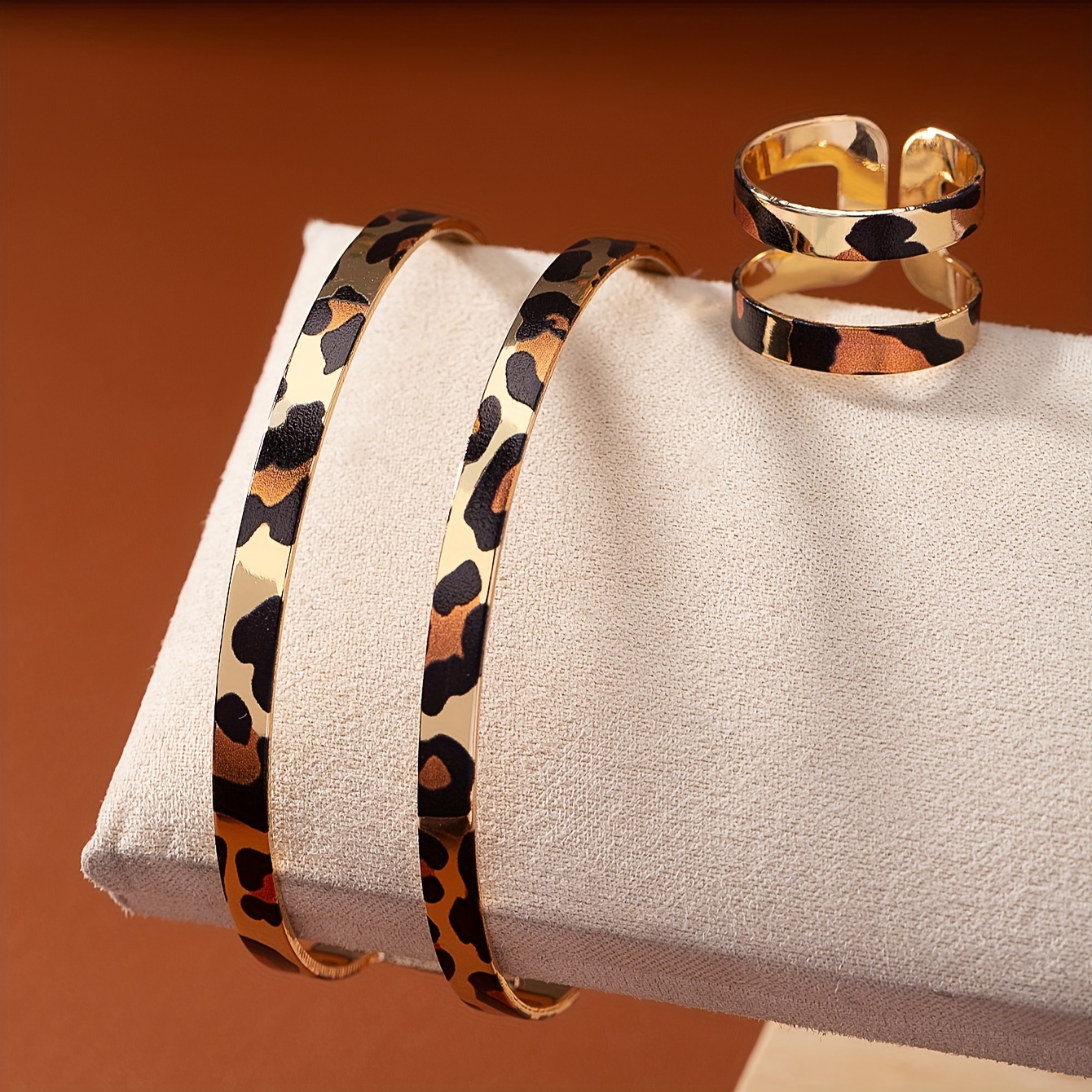Boho Style Iron Cuff & Ring Set Leopard Pattern Cutout